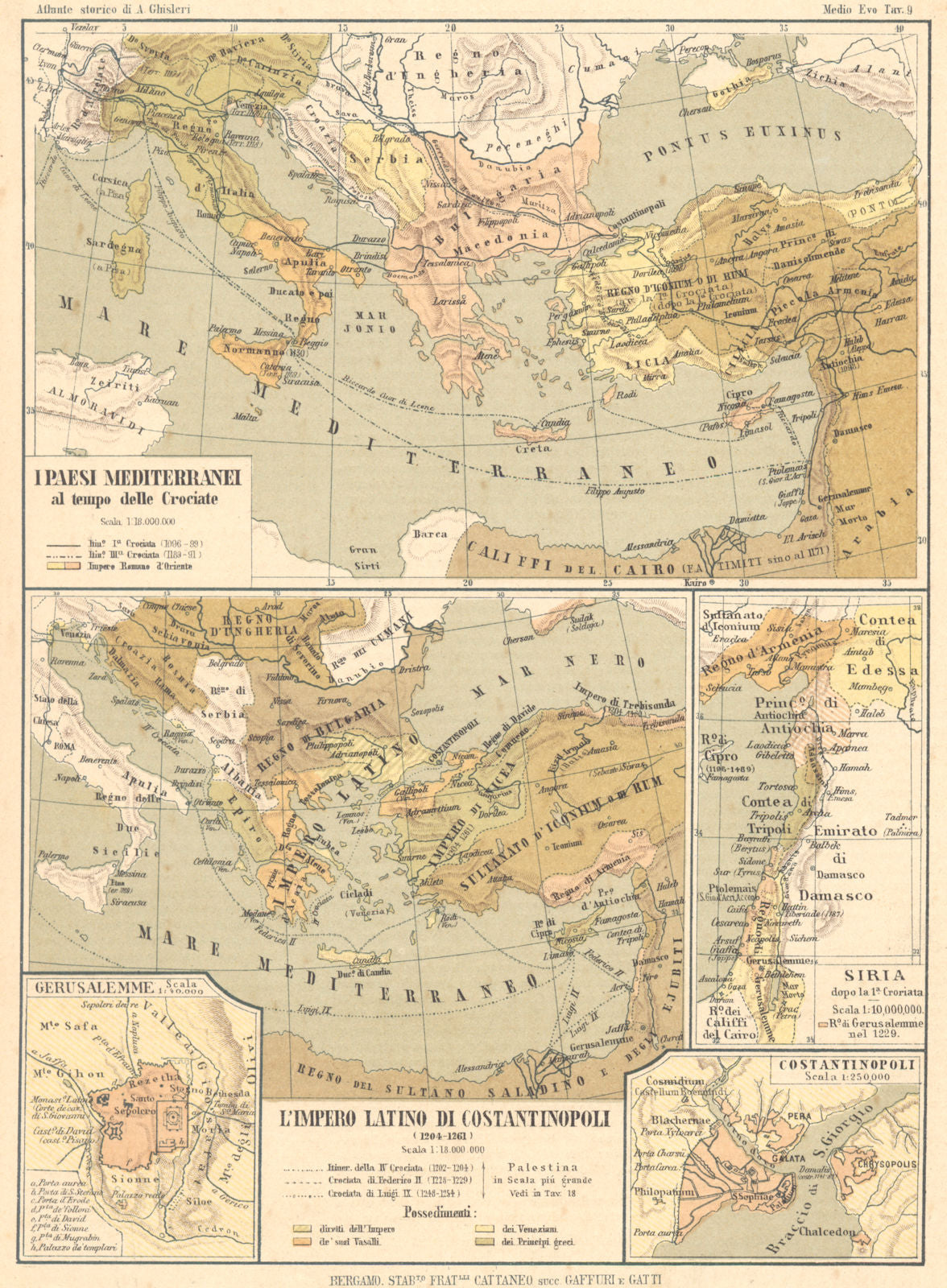 MEDITERRANEI CROCIATE. Gerusalemme Impero Latino Costantinopoli Siria 1889 map